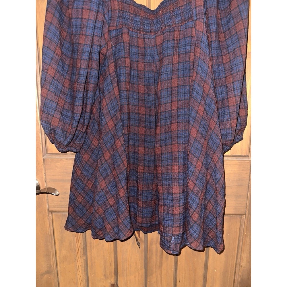 Urban Outfitters Dress Plaid Babydoll Mini Red Navy Square Neck Balloon Sleeve M - Picture 7 of 7
